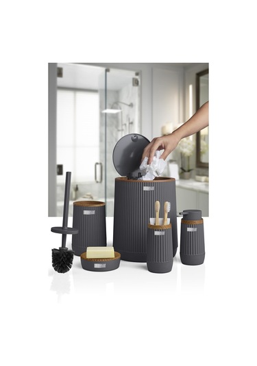 Okyanus Home Nida Antrasit Ahşap Desenli Eko 5'li Banyo Seti Antrasit