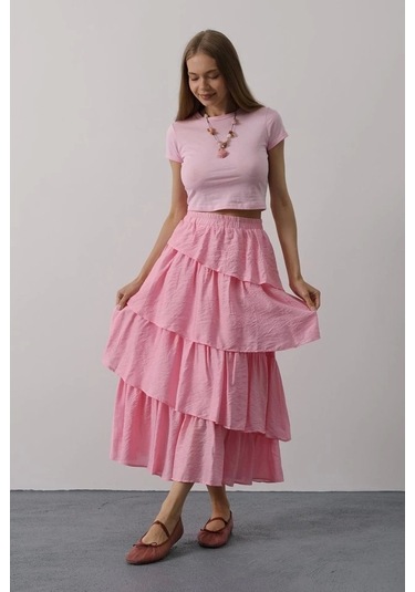 Katlı Kesim Uzun Etek - Pembe Pembe