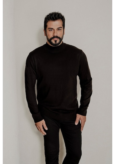 Erkek Bordo Sıyah 2'li Paket Standart Fit Normal Kesim Yarım Balıkçı Yaka Basic Triko Kazak Bordo Sıyah