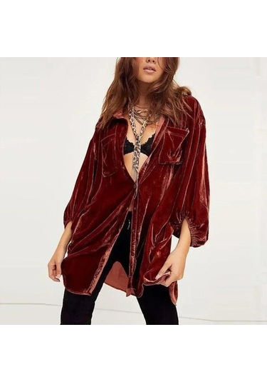 Sonbahar Gevşek Fener Kollu Uzun Gömlek Ofis Kadın Moda Kadın Gömlek Kış Altın Kadife Bluz Kadın Giysileri Tops 30091 Kahverengi