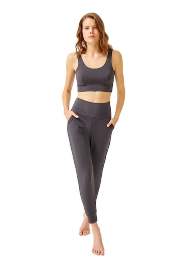 Cottonhill Füme Yüksek Bel Çift Cepli Kadın Jogger Eşofman Altı Füme