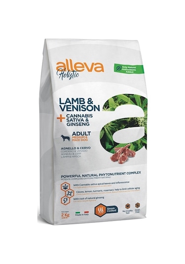 Alleva Holistik Tahılsız Canabis Kuzu ve Geyik Etli Medium Maxi Irk Yetişkin Köpek Maması 2 KG
