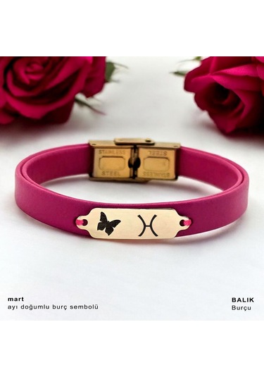Archin Mart Ayı Doğumlarına Pembe Derili Kelebek Figürlü 14 Ayar Altın Plakalı Hediye Bileklik-651ay Mart