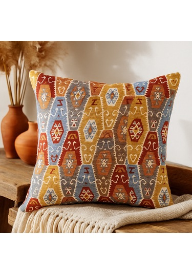 Etnik Desenli Kilim Dokulu Kırlent Kılıfı 40 x 40