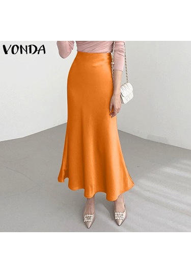 Vonda Kadın Yaz Yüksek Bel Düz Renk Bol Kloş Etek Haki