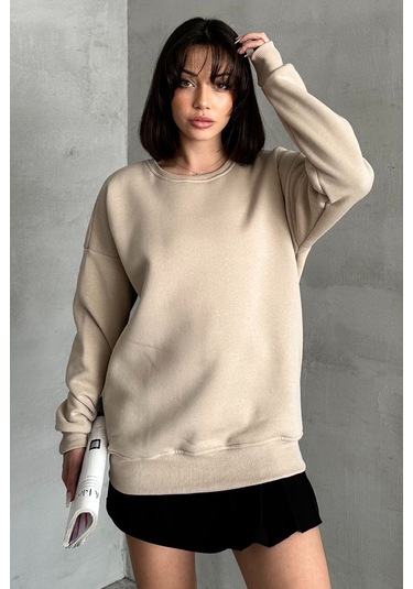 Kadın Bej Bisiklet Yaka Oversize Sweatshirt Bej