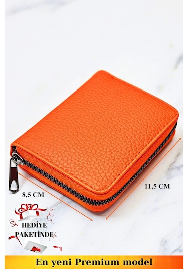 Unisex Vegan Deri Fermuarlı Turuncu Cüzdan Kartlık Ve Portföy Hediye Paketinde Turuncu