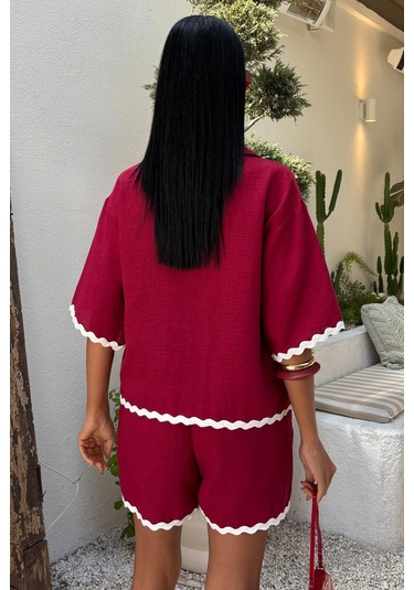 Kadın Mürdüm Keten Biye Detaylı Kısa Kollu Takım Mürdüm