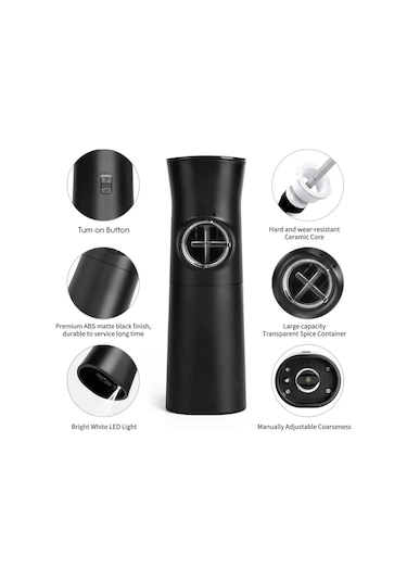 Sones Yerçekimi İndüksiyonlu Elektrikli Tuz Ve Karabiber Öğütücü Led Işıklı Ayarlanabilir Kaba Öğütücü Siyah