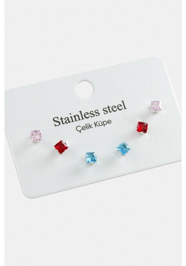 6 Adet Kare Renkli Zirkon Tek Taşlı Çelik Küpe 0400 Gümüş