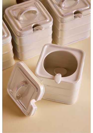 Bianca Pearl 7'li Porselen İnci Sedefli Kulplu Kapaklı Kare Form Baharatlık Takımı Beyaz Beyaz