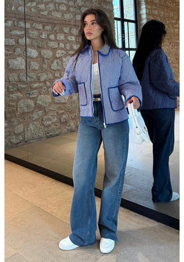 Mavi Pötikareli Cepli Kadın Mont Mg2488 Mavi