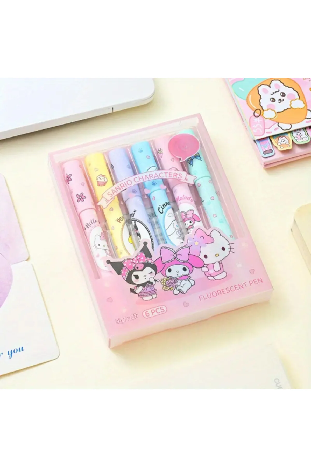 Sanrio 6'lı Fosforlu Kalem Seti - Sanrio Karakterleri, Kuromi, Hello Kitty