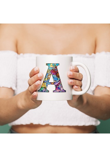 A Harfi Bardak 330 Ml İsme/harfe Özel Hediye, Renkli Harf Tasarım Beyaz