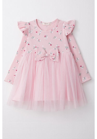 Breeze Çiçekli Fiyonklu Tüllü Uzun Kollu Kız Çocuk Elbise - Pembe