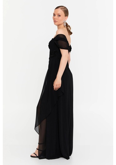Doridorca Kadın Düşük Kollu Taş Detaylı Şifon Maxi Boy Abiye Elbise 7035 Siyah Siyah