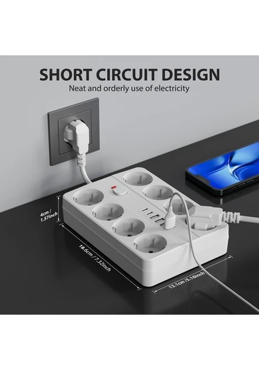 Honeybeeshop 14ü 1 Arada Şarj Koruma Güç Şeridi 8 Ac Çıkış 4 Usb A 2 Type C Beyaz Siyah Beyaz