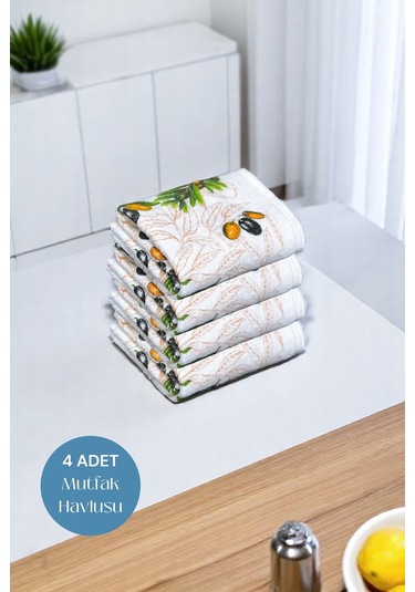 4lü Paket Baskılı Beyaz Mutfak Havlusu Modeli Zeytin