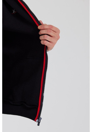 Polostate Erkek Fermuarlı Kanguru Cep 3 İplik Sweatshirt Siyah