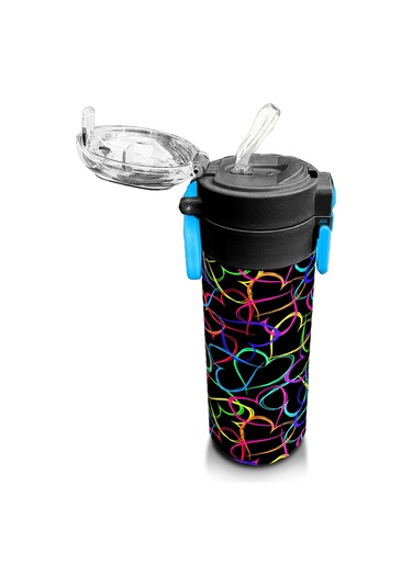 Coral High Kids Çok Renkli Kalp Desenli Pipetli Ve Direkt İçim Çelik Termos 500 Ml 31870 Siyah - Yeşil