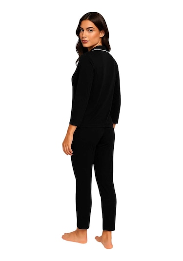 Siyah-beyaz Pamuklu Düğmeli Biyeli Kadın Pijama Takımı Siyah