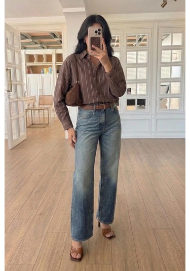 Lijuri Çizgili Oversize Kesim Gömlek 3505 Kahverengi