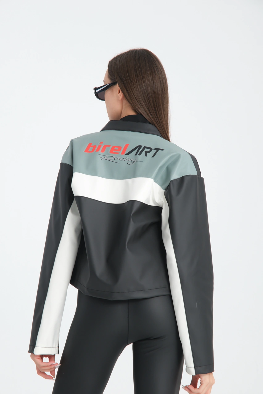 Kadın Oversize Baskılı Deri Şeritli Motorcu Montu Garnili Fermuarlı Yarışçı Ceketi Bomber Kolej Mont Mint Yeşili