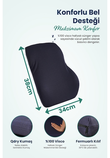 Anatomik Ortopedik Visco Bel Destek Yastığı Kilitli Sabitleme Lastiği, Ofis, Araba Lacivert