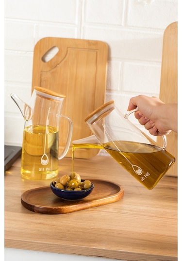 Porsima 2093 Bambu Kapaklı Vakumlu Borosilikat Cam 2li Yağdanlık Yağlık Sirkelik Seti 700ml Şeffaf