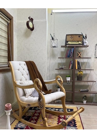 Asedia Vintage Kuğu Naturel Krem El Oyması Ahşap Sallanan Sandalye Dinlenme Koltuğu