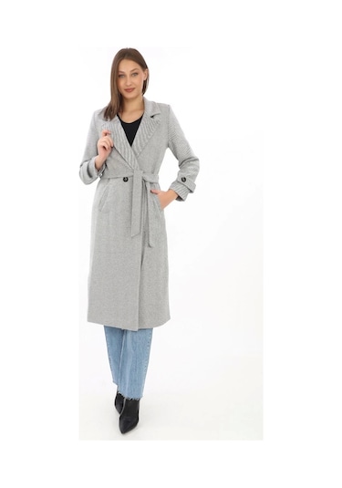 Kadın Astarlı Balık Sırtı Kaşmir Kaşe Kaban - Gri Gri