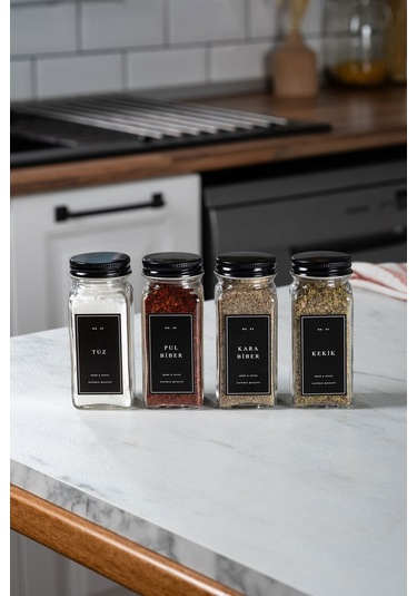 Mienda Home 4'lü Cam Baharatlık Seti Siyah Kapaklı Etiketli Baharatlık Takımı Mh00syh04 Siyah - Şeffaf