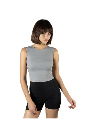 2'li Paket Kırmızı Gri Fitted/vücuda Oturan Crop Halter Yaka Fitilli Esnek Örme Bluz Atlet Kırmızı Gri