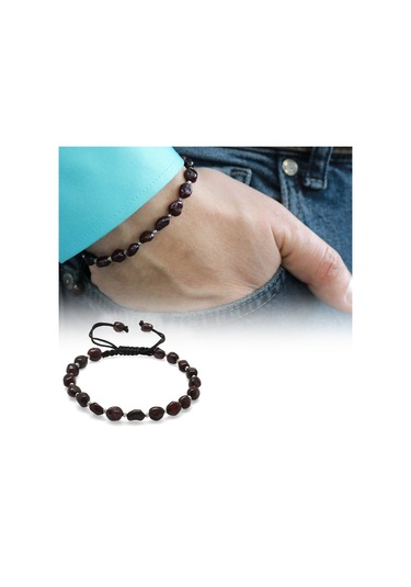 Makrome Örgülü Naturel Kesim Lal Doğaltaş Erkek Bileklik Kahverengi - Siyah