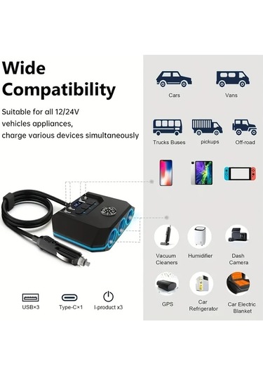 Boatshop1 7si 1 Arada Premium Araç Şarj Adaptörü Siyah 120w Hızlı Şarj 3 Priz 4 Usb Qc3.0 12 24v