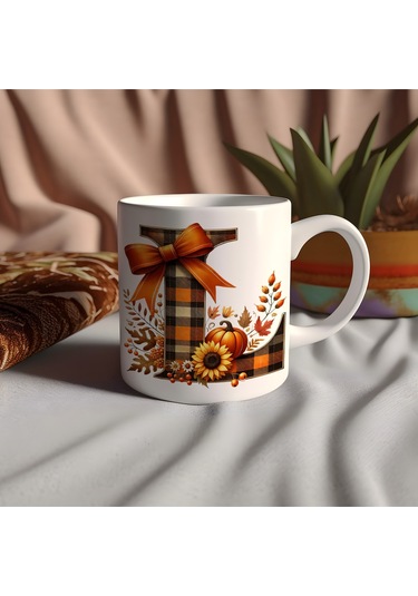 L Harfi Ekose Ve Sonbahar Temalı Kupa Bardak - Kişiye Özel Sıcak Tonlar Alfabe Kupa - Hediye Beyaz