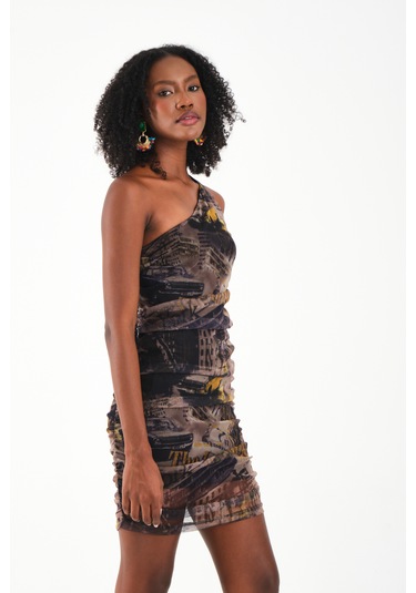 Tek Omuz Tül Elbise Yeşil