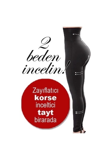 Kadın Siyah Iki Beden Inceltici Korse Tayt Siyah