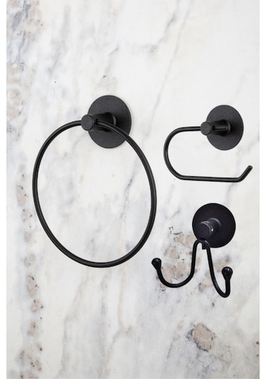 MultiStore Siyah Yuvarlak Yapışkanlı Halka Havluluk/Wc Tuvalet Kağıtlığı/Banyo Askısı Banyo Düzenleyici Seti Siyah