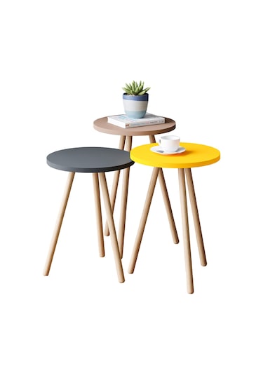 İntergo Renkli Üçlü Zigon Sehpa Ahşap Ayaklı Yuvarlak Pastel Tasarım Cappuccino-Gri-Sarı