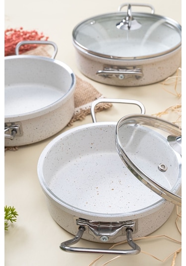 Çarşıdayız 3'lü Beyaz Granit Tava Seti - 16, 18, 20 Cm Cam Kapaklı Beyaz