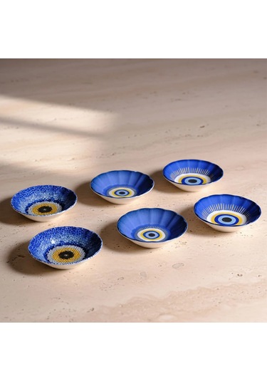Fecra Acem 6'lı Nazarı Çay Tabağı Seti Karma Mavi
