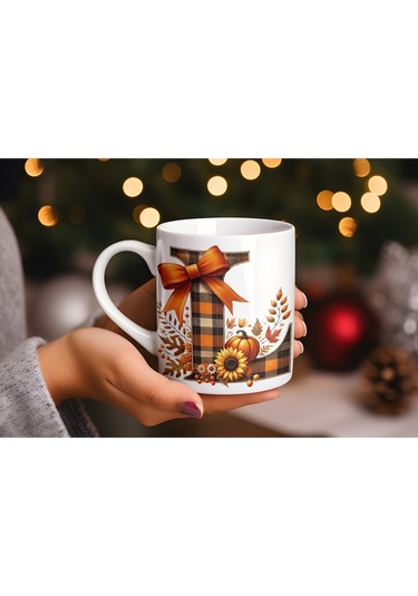 L Harfi Ekose Ve Sonbahar Temalı Kupa Bardak - Kişiye Özel Sıcak Tonlar Alfabe Kupa - Hediye Beyaz