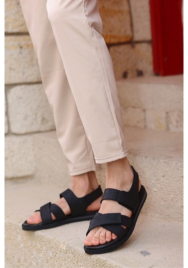 Hakiki Deri Kalın Bantlı Çift Cırt Cırtlı Ortopedik Erkek Sandalet Terlik Siyah