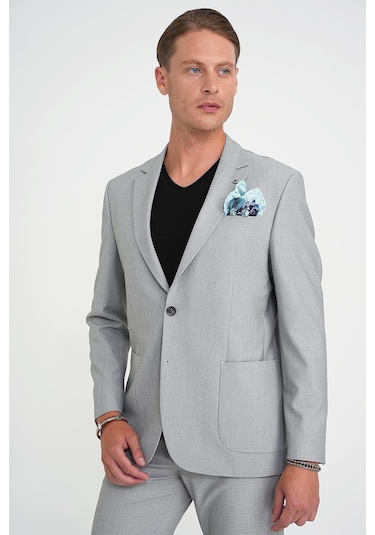 Slim Fit Torba Cep Esnek Pamuk Düz Gri Blazer Ceket C 712 Gri