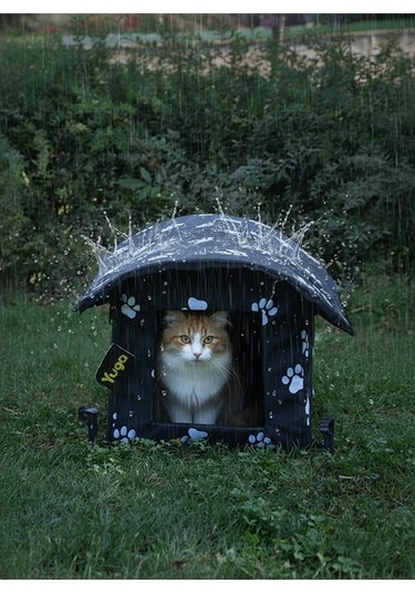 Yuga Pati Desenli Siyah Kedi Evi Isı Ve Yağmur Korumalı
