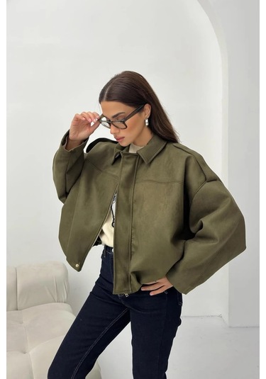 Cemo Basic Crop Gömlek Ceket Shacket Camel Basic, Crop, Gömlek Haki Yeşili