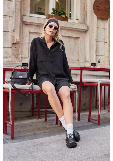 Kadın Likrasız Keten Kumaş Yakalı Cepli Düşük Omuzlu Salaş Oversize Tunik Gömlek-siyah Siyah