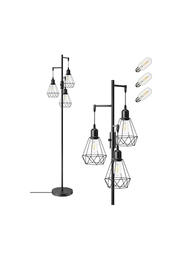 Edishine 3 Başlıklı Dimlenebilir Retro Ayaklı Lamba E27 Led, Kafes Şapkalı, 166 Cm Lambader Siyah Diğer
