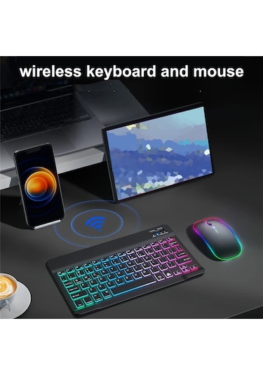 Honeybeeshop Siyah Ultra İnce Arka Aydınlatmalı Kablosuz Klavye Fare Seti Şarj Edilebilir Taşınabilir Type C Şarj Tablet Uyumlu İngilizce Düzen Lazer